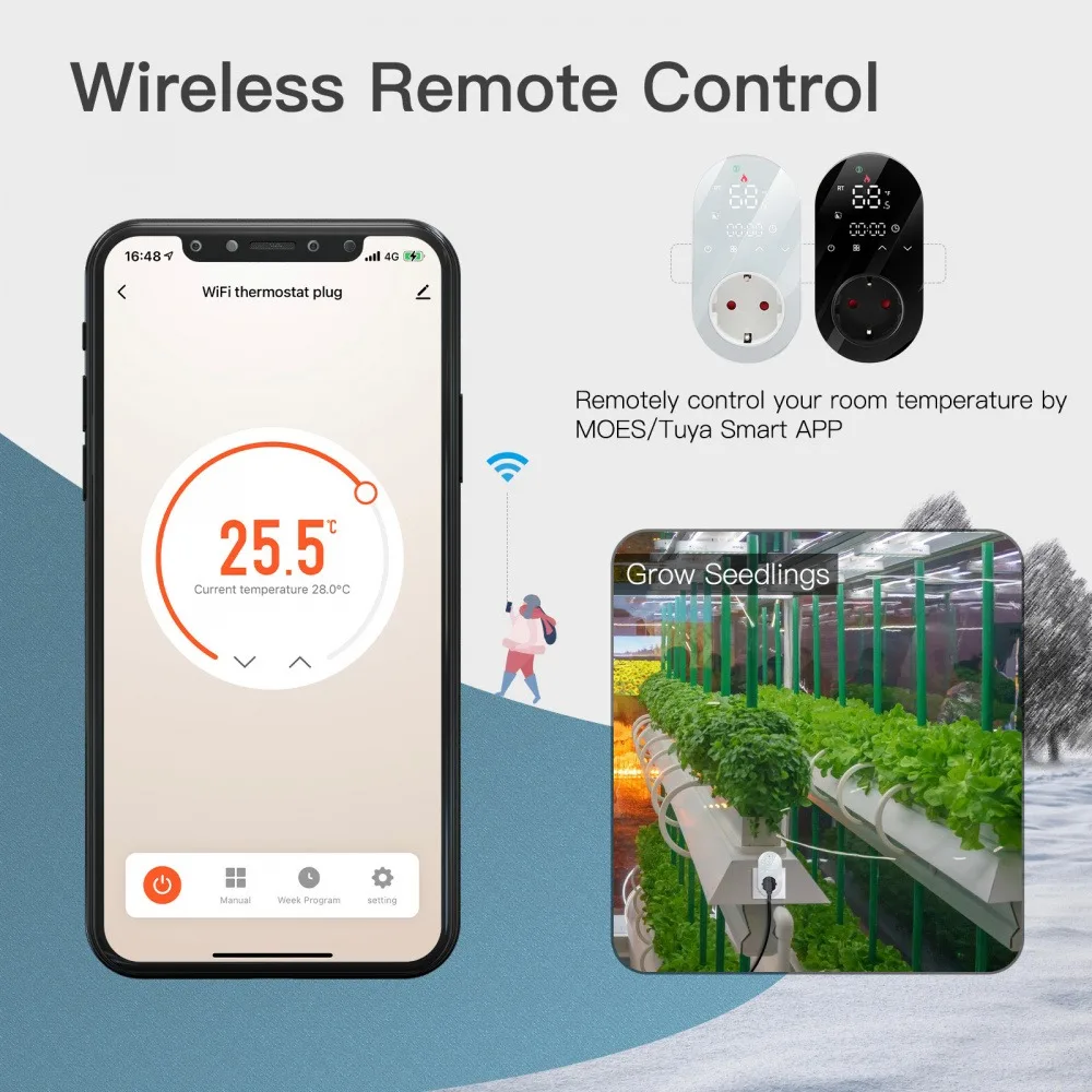 Smart WiFi LED Thermostat EU Plug Timer Outlet โหมดความร้อนและความเย็น 16A APP รีโมทคอนโทรลทํางานร่วมกับ Alexa Google Home 1
