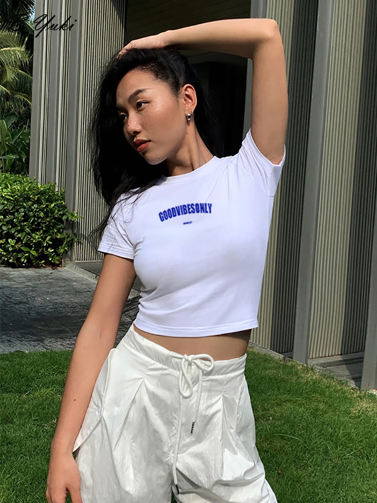 

Blessyuki Korean Slim Basic T Shirts for Women Summer Soft 100% Cotton Short Sleeve Tees Casual Chic Letter Printed Female Tops