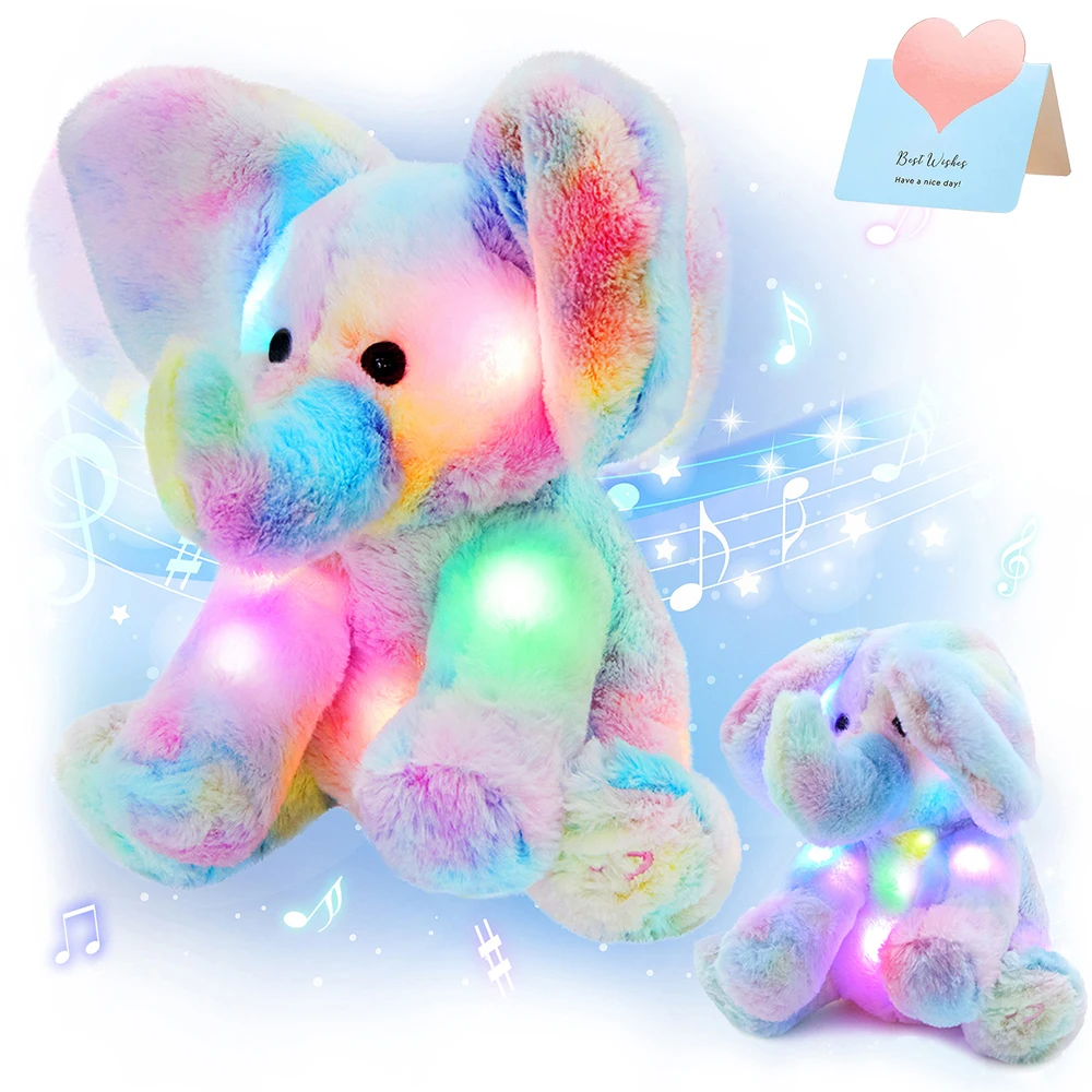 28cm Rainbow Elephant Doll Toys LED Luminous Electric Elephant Wagging Ears Plush Toys Stuffed Throw Pillows Toy Gift for Girls