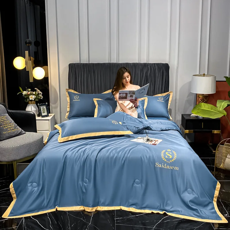 

Summer Cool Thin Quilt Bed Sheet Pillowcase 4pcs Set Home Textiles Naked Sleep Air Conditioning Quilt Double Blanket Washable