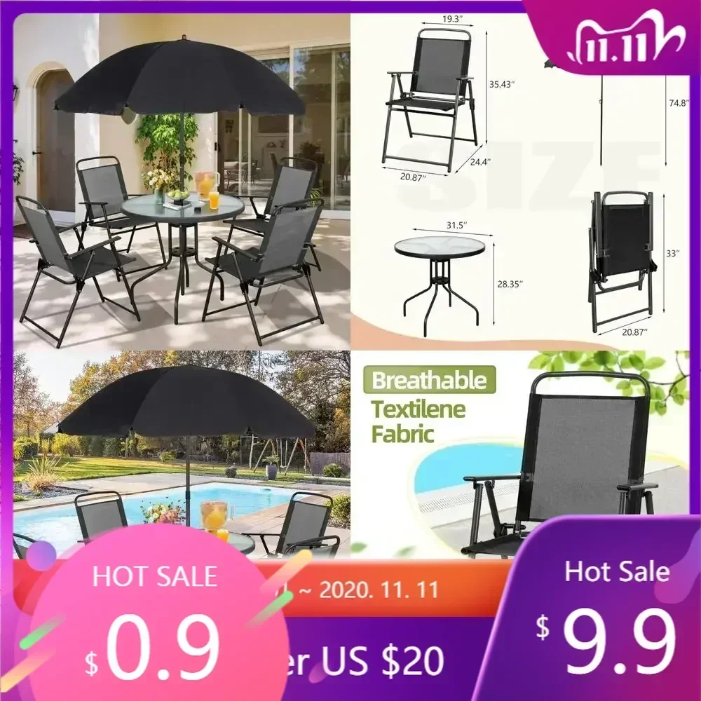Black 6-Piece Metal Patio Dining Set with Umbrella for Outdoor Garden, Lawn, Deck, and Backyard
