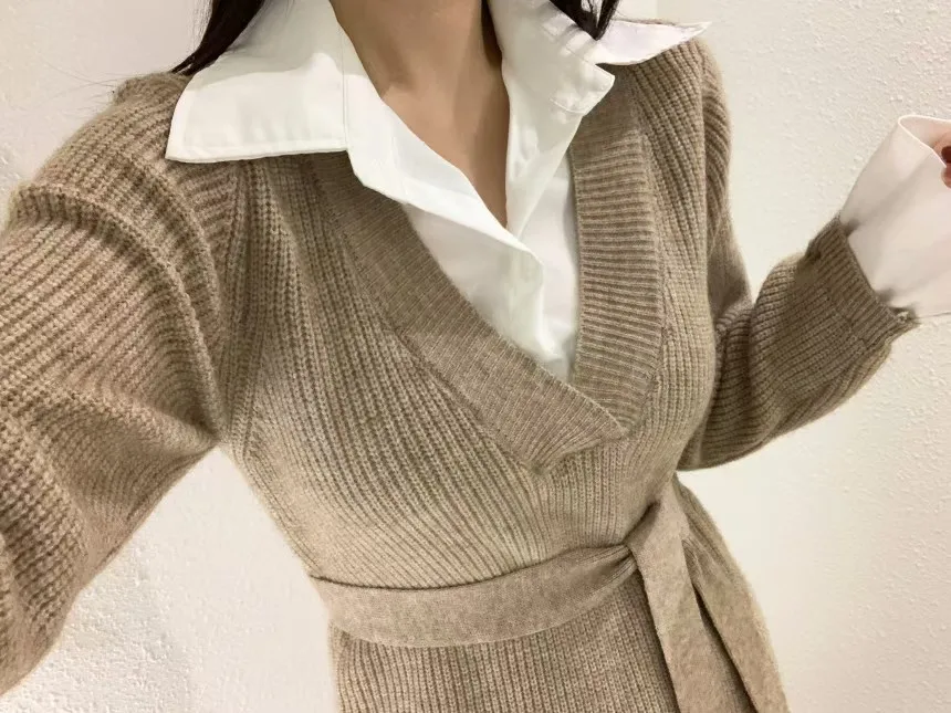 Korean Chic Mini Dresses Women Turn-down Collar Long Sleeve Shirt Patchwork Autumn Winter Knitted Dress Casual Fashion Vestidos