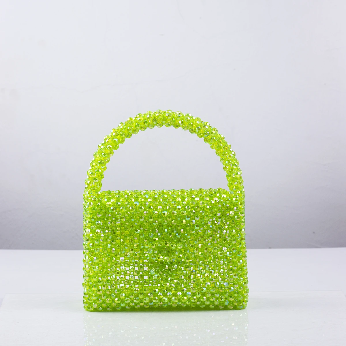 24 new niche handmade beaded handbag, colorful simple square woven bag, hollow crystal bead woven candy green small square bag
