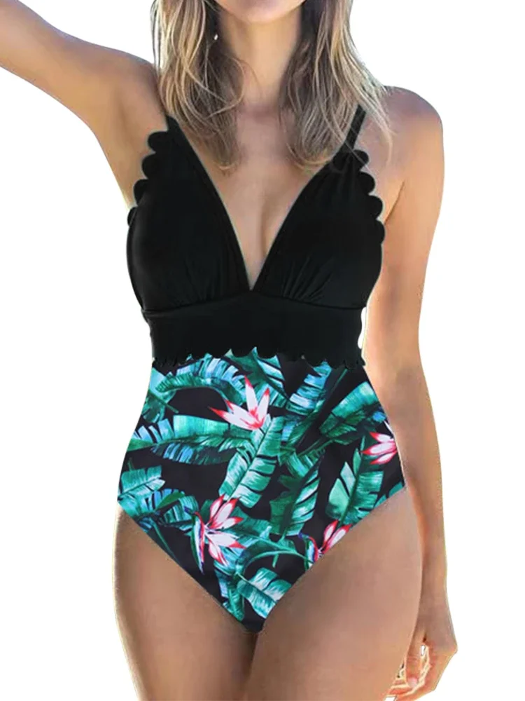 High Waist Swimwear Women One Piece Swimsuit Sexy V-Neck Push Up Halter Scallop Trim Bathing Suit Beachwear Brazilian Monokini - 3