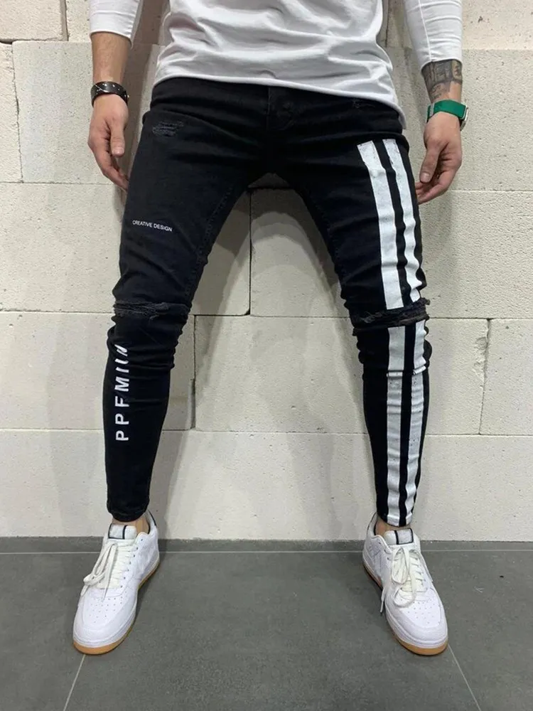 Jeans Men Elastic Waist Ripped Skinny Jean Men Jeans Skinny Printed Stretch Denim Pants for Daily Wear Trousers