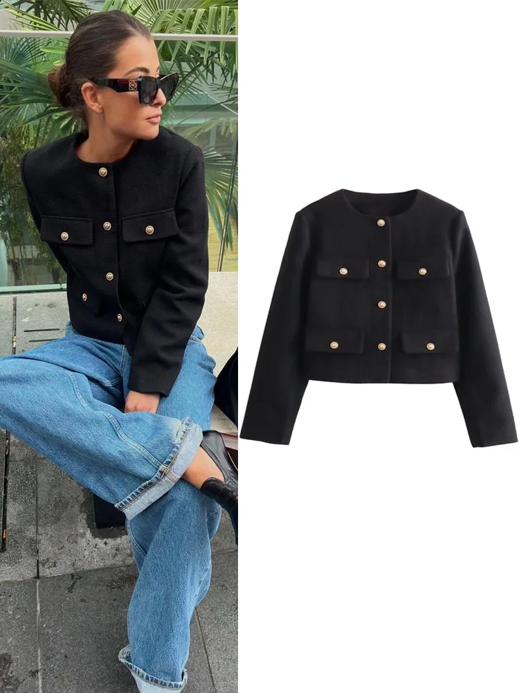 

TRAF Black Tweed Jacket Autumn Long Sleeve Outerwear Women's Demi-Season Bomber Jacket Cropped Short Coats