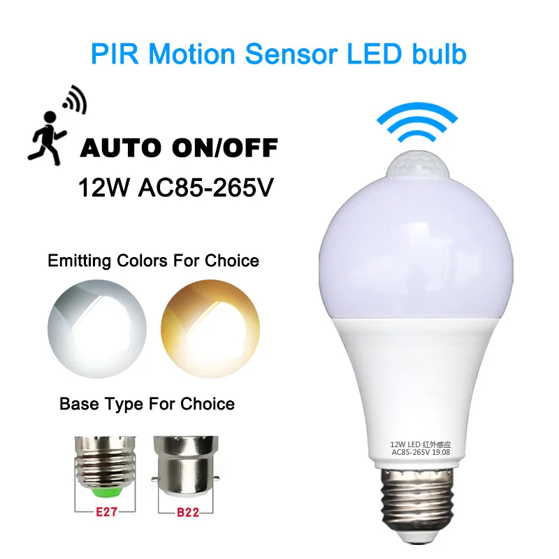 

PIR LED Bulb Motion Sensor auto Light Bulbs 12W wide Voltage 85-265v LED Lamp Infrared Radiation Sensor Light Bulb Lighting