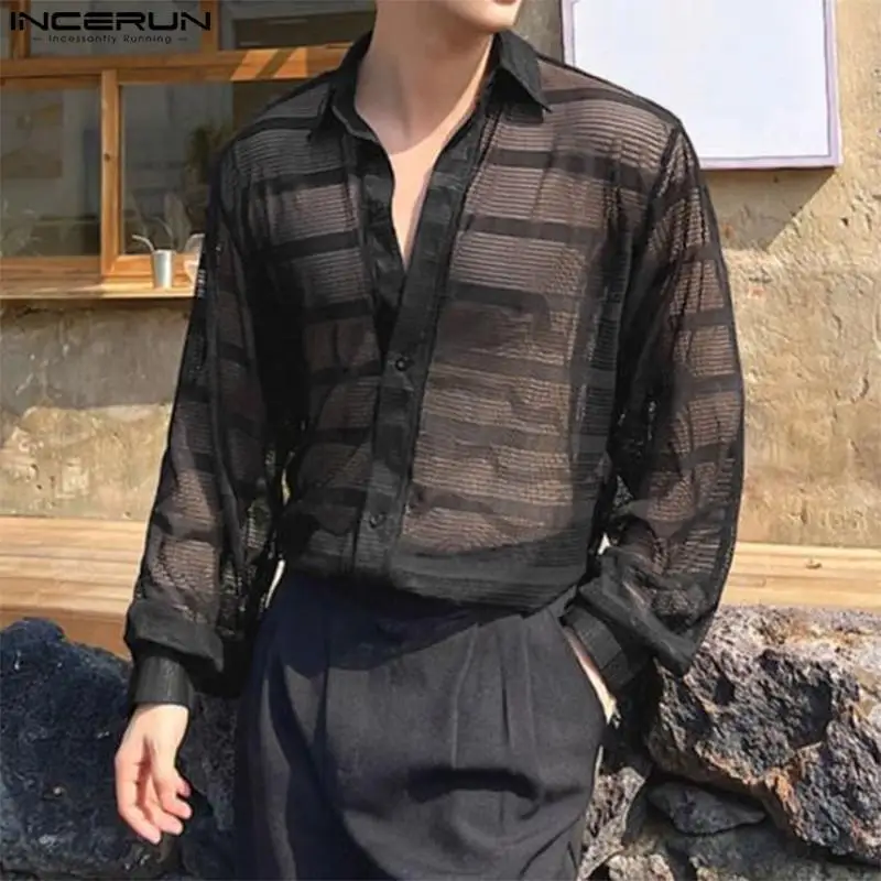 

Мужская полосатая рубашка, сетчатая прозрачная рубашка с отложным воротником и длинным рукавом, мужская одежда в уличном стиле, женская Свободная модель 2024