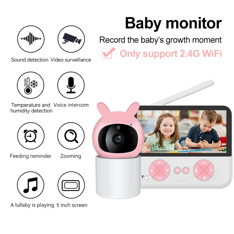 Damini 5" HD Baby Monitor Voice Intercom Temperature & Humidity Detection Timing Breastfeeding Reminder Video Monitor  480P