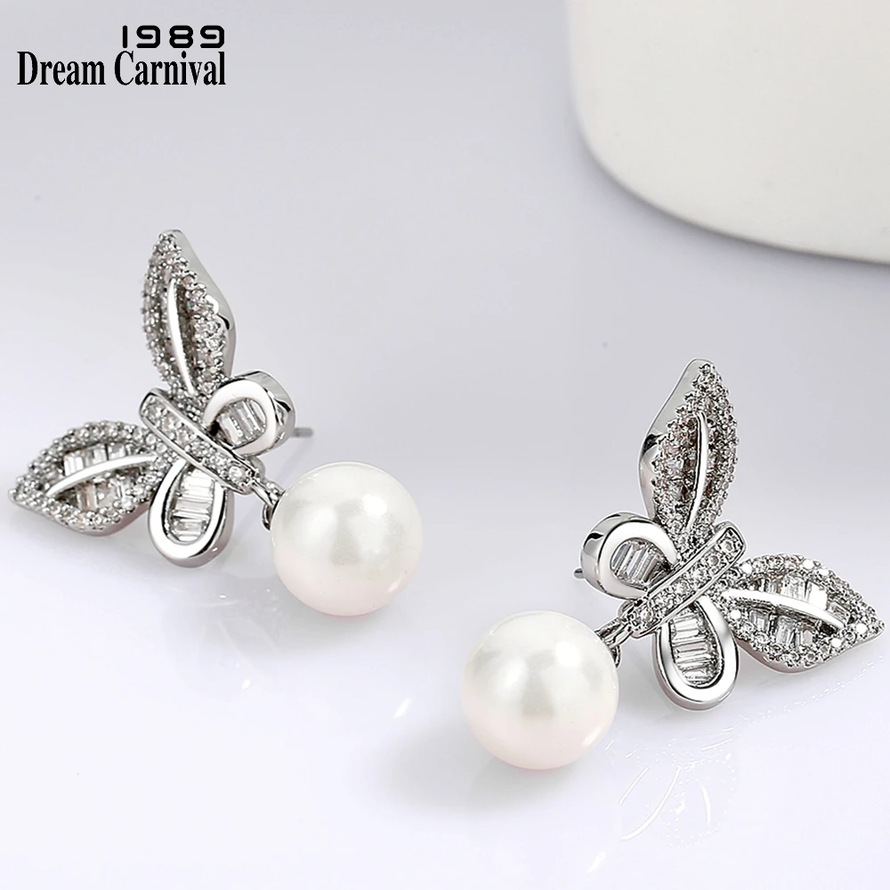 

Trendy New Dreamcarnival1989 Butterfly Pearl Drop Earrings For Women Clear White Zircon Anniversary Engagement Jewelry WE4205