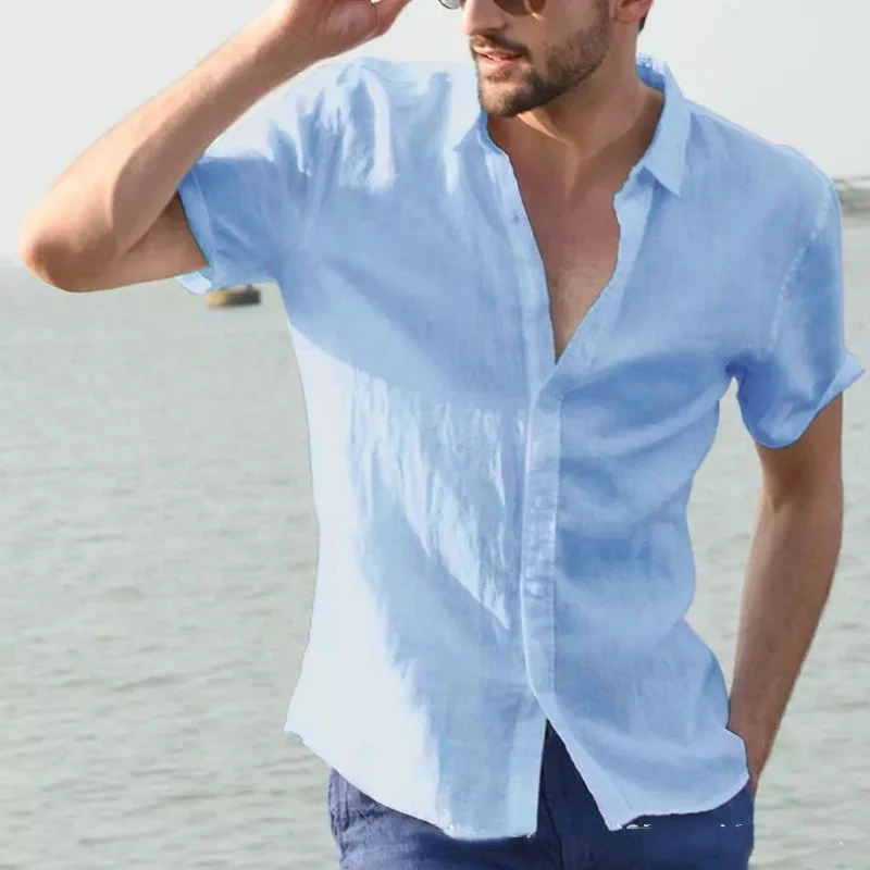 Men's casual solid color thin short sleeve shirt 2