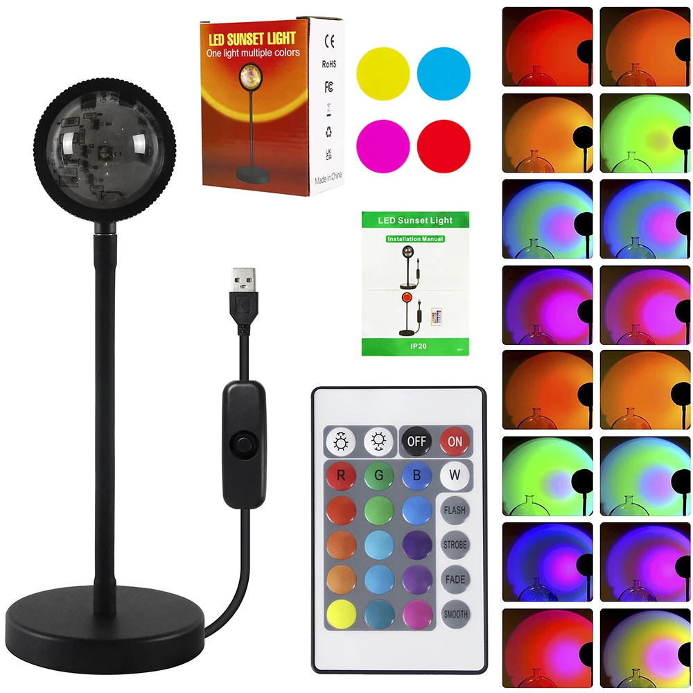 RGB Sunset Lamp Rainbow Projector 360° Rotation Sunlight Remote Control 4 in 1 Self-Media Light Background Atmosphere Room Decor nite light