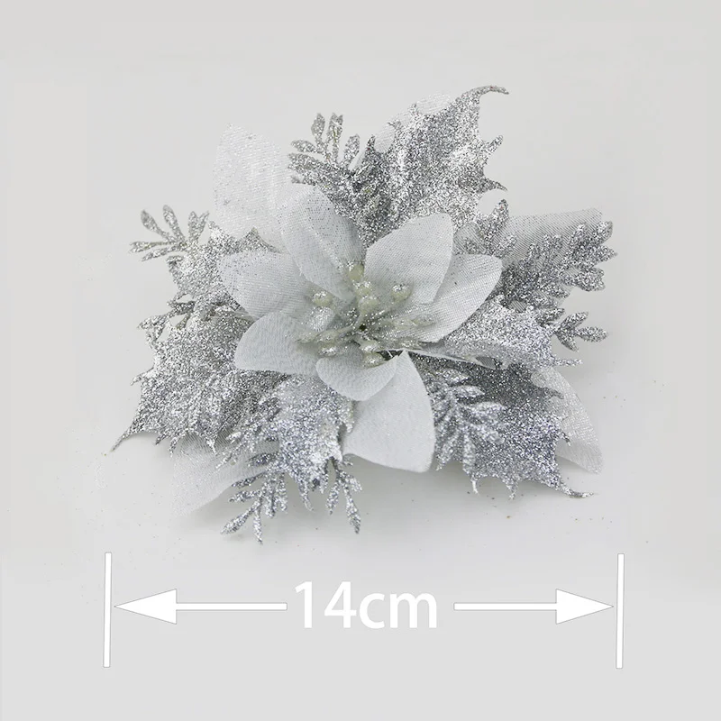 (5Pcs/pack) 14cm Christmas Gold Powder Flowers Glitter Tree Decorations Xmas Ornaments New Year Gifts