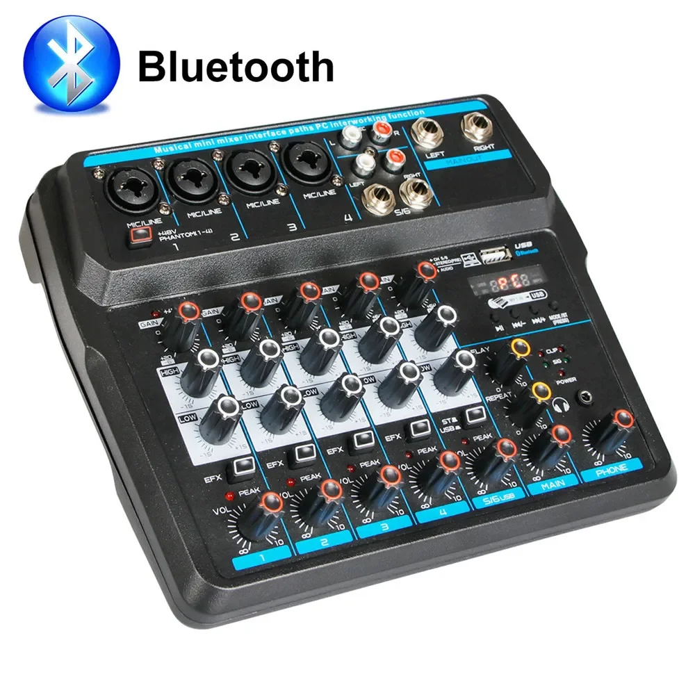 

Mini 6 4 Channel Professional Portable Mixer Sound Mixing Console Computer Input 48v Power Number Live DJ Broadcast Record Audio