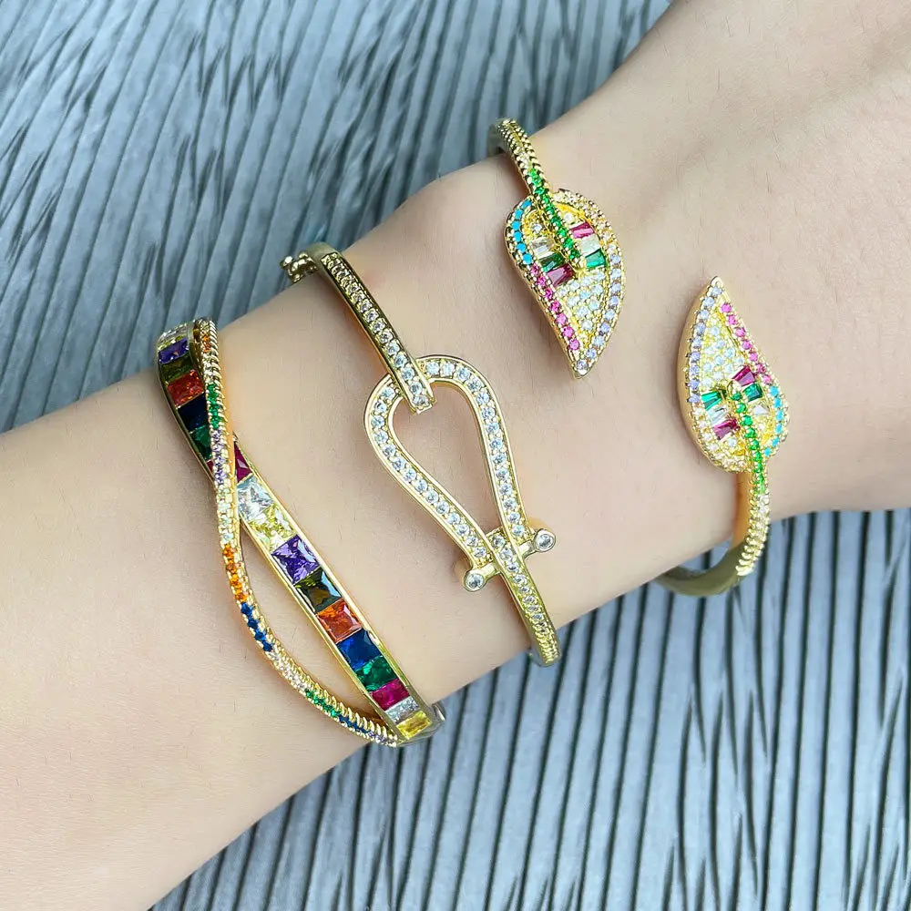 

New Luxury Colorful Crystal Bracelet for Women Geometric Leaves Shiny Rhinestone Bangle Gold Plated Open Bracelets Female