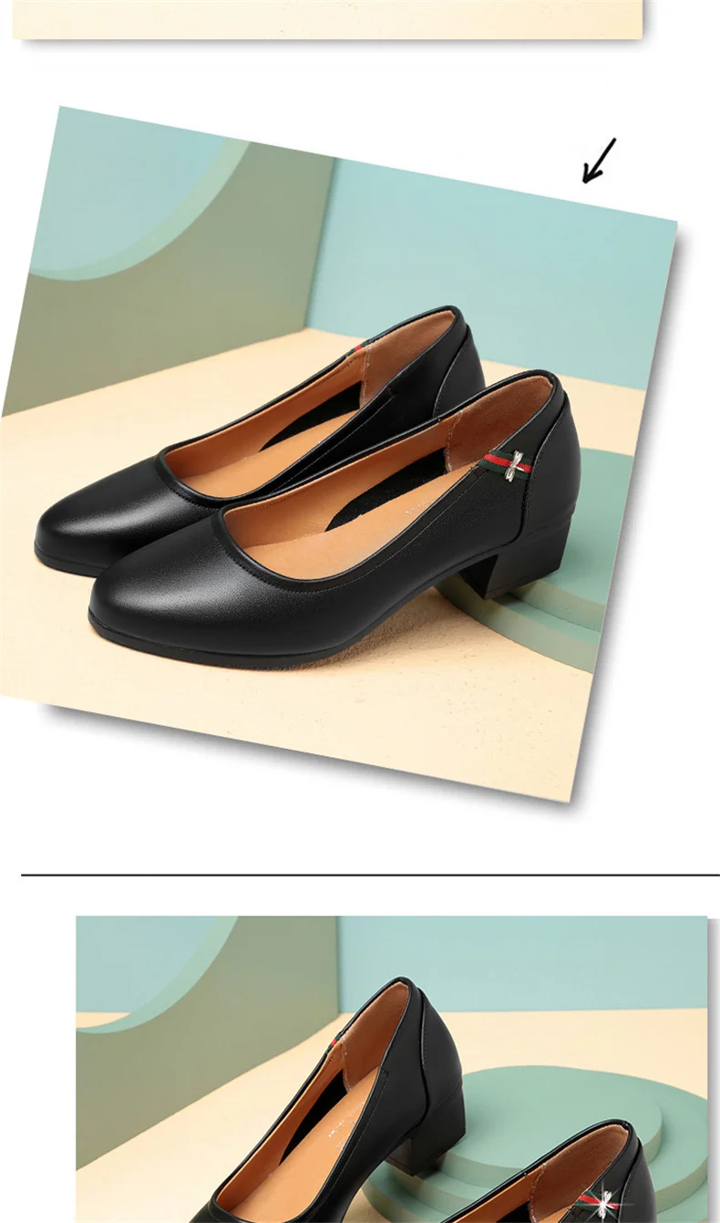 Spring New Soft Leather Soft Sole Women Shoes Square Heel Comfortable Casual Shoes Shallow Mouth Office Work Shoes
