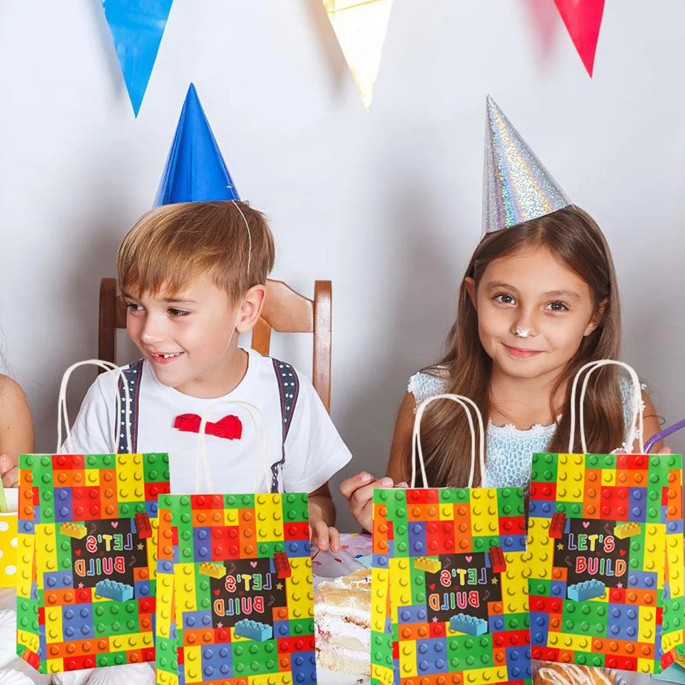 Bausteine Ziegel Party Gefälligkeiten Geschenktüten, Leckerli Papiertüte mit Griff für Jungen Kindergeburtstag, Babyparty-Dekorationen, 20 Stück – Detail 2
