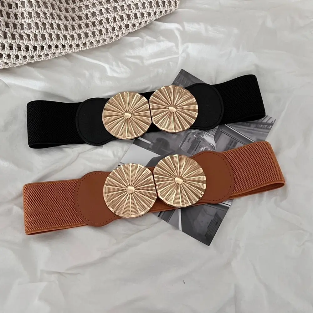 

PU Leather Elastic Cummerbunds Metal Round Buckle Belt Wide Belt Alloy Korean Style Waist Corset Belts Decorative Jeans