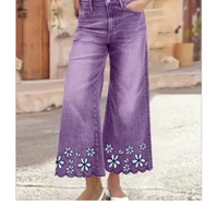 Plus Size Womens Loose Fit Jeans Printed Denim Pants Elastic Waist Comfort Stretch Trousers Floral Embroidery Women's pants - Image 5