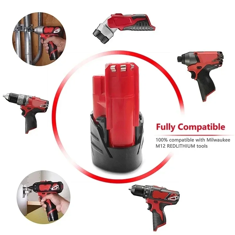 Batteria al litio 12v 3Ah Batteria ricaricabile per utensili a batteria Milwaukee M12 XC 48-11-2402 48-11-2411 48-11-2401 MIL-12A-LI - immagine 4