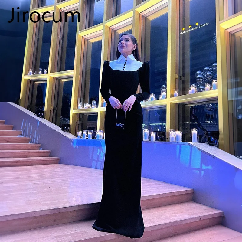 

Jirocum Black Mermaid Prom Dress Long Sleeve Button Up Floor Length Elegant Evening Gown Simple Formal Shirt Collar Party Gowns
