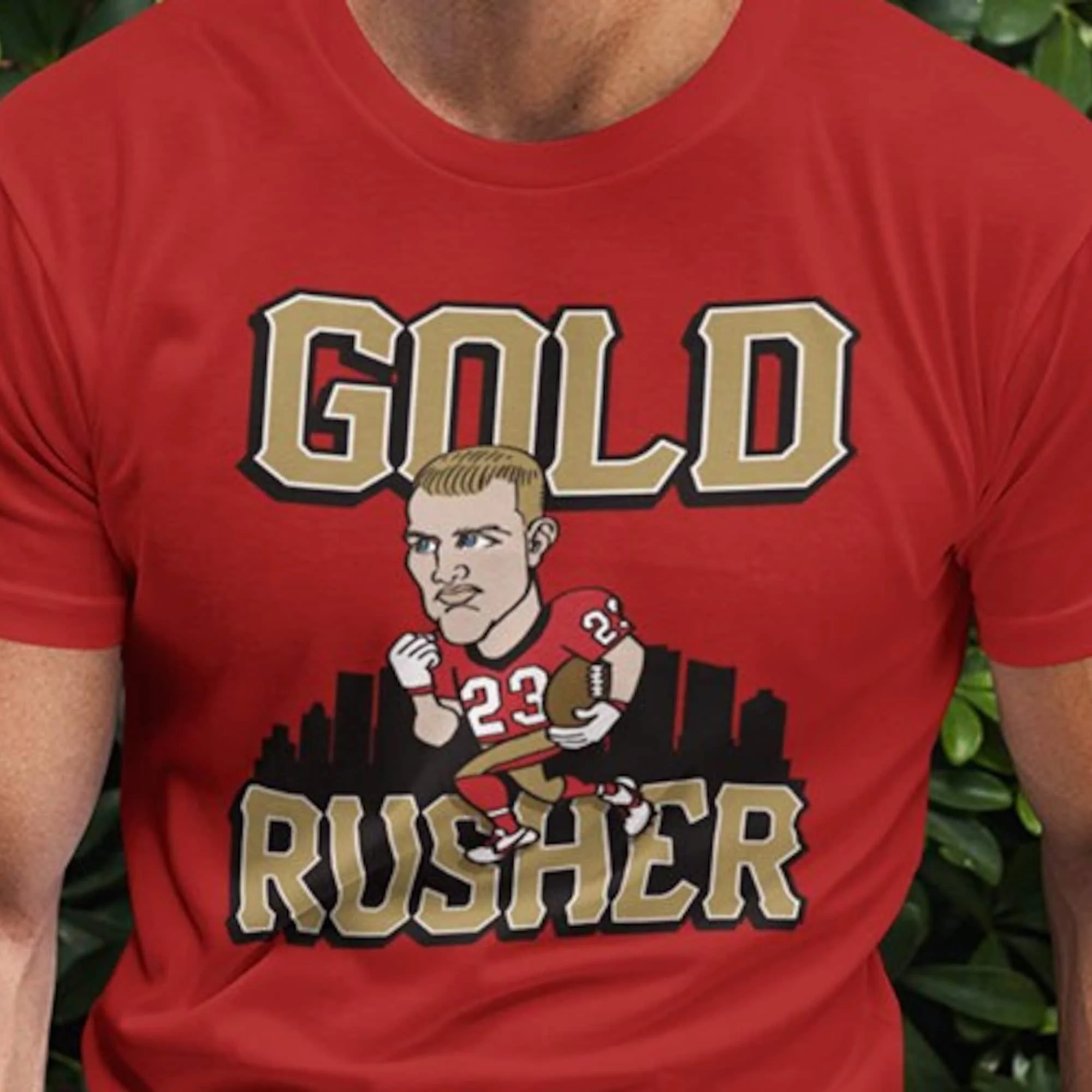 Christian Mccaffrey Gold Rusher Run Cmc 49Ers Divertente T Shirt San Francisco Niners Bae Bay Area Deebo Sam Sf Fran Jimmy G