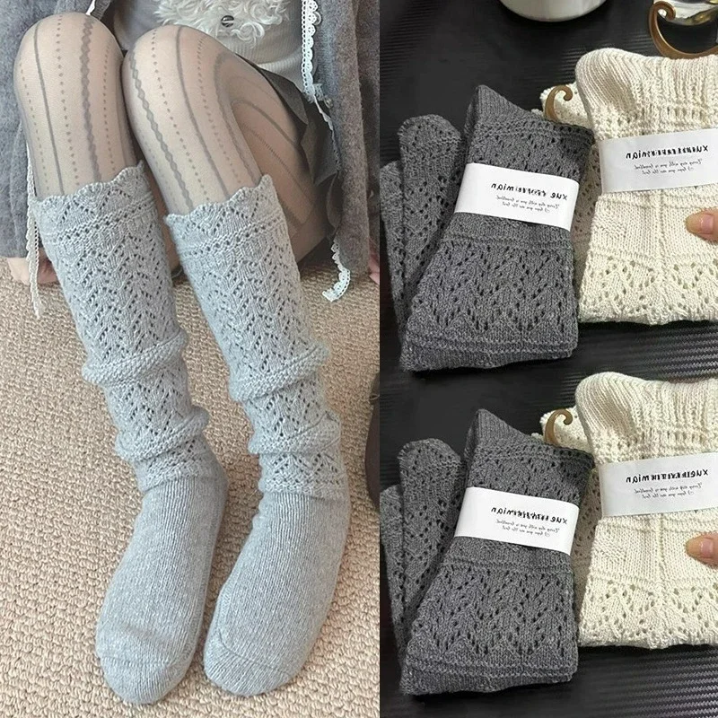 New 6Colors Hollow Out Calf High Socks for Women Girls Winter Warm Knitting Long Sock Home Floor Socks Bohemia Style Stockings