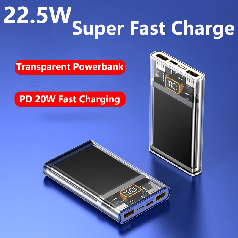 

20000mAh Transparent Power Bank PD 20W / 22.5W Super Fast Charging for iPhone 13 12 Huawei P40 P50 Samsung Xiaomi Mini Powerbank
