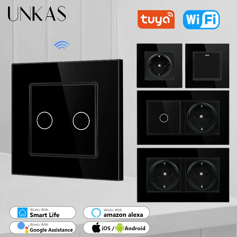 Черные евророзетки UNKAS с обычной кнопкой и Wi-Fi