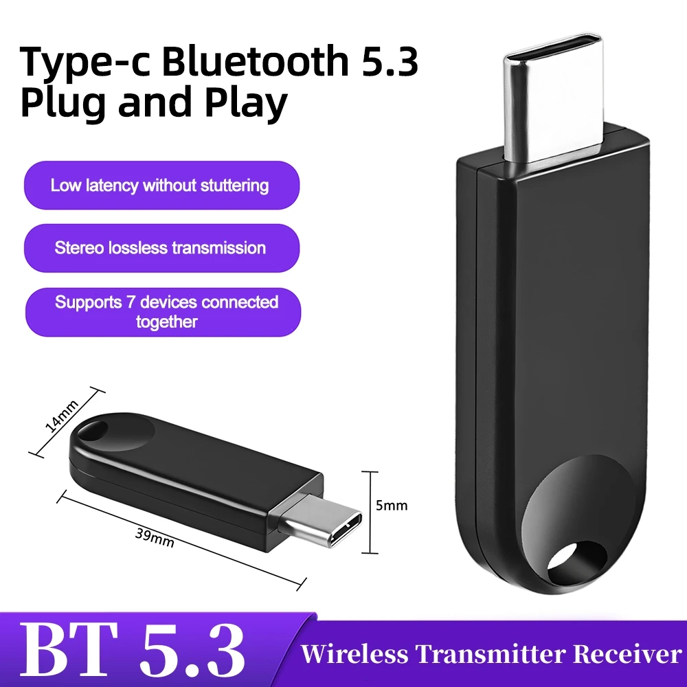 

Type C Bluetooth 5.3 Dongle Adapter for PC Laptop Speaker Wireless Mouse Earphone Keyboard Music Audio Receiver Transmitter