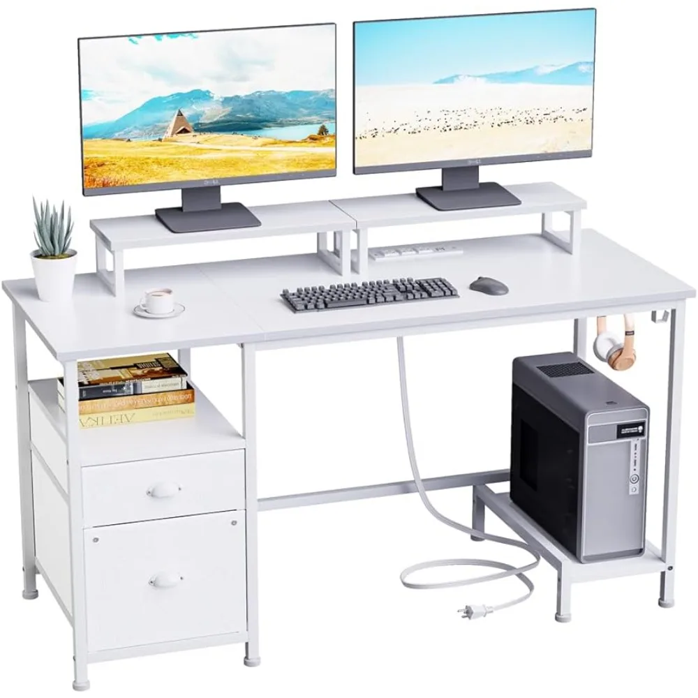 home computer monitor riser stand w phone holder computer desk organizer laptop desk storage drawer locker Furologee White Computer Desk Drawer Power Outlets, 47