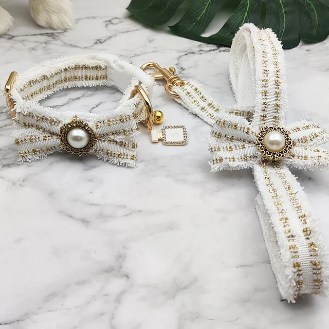Lace Dog Leash Collar Set Vintage Bowknot Pearl Bells Girl Dog Adjustable Collar for Small Medium Dogs Puppy Collar Pet Supplies 2