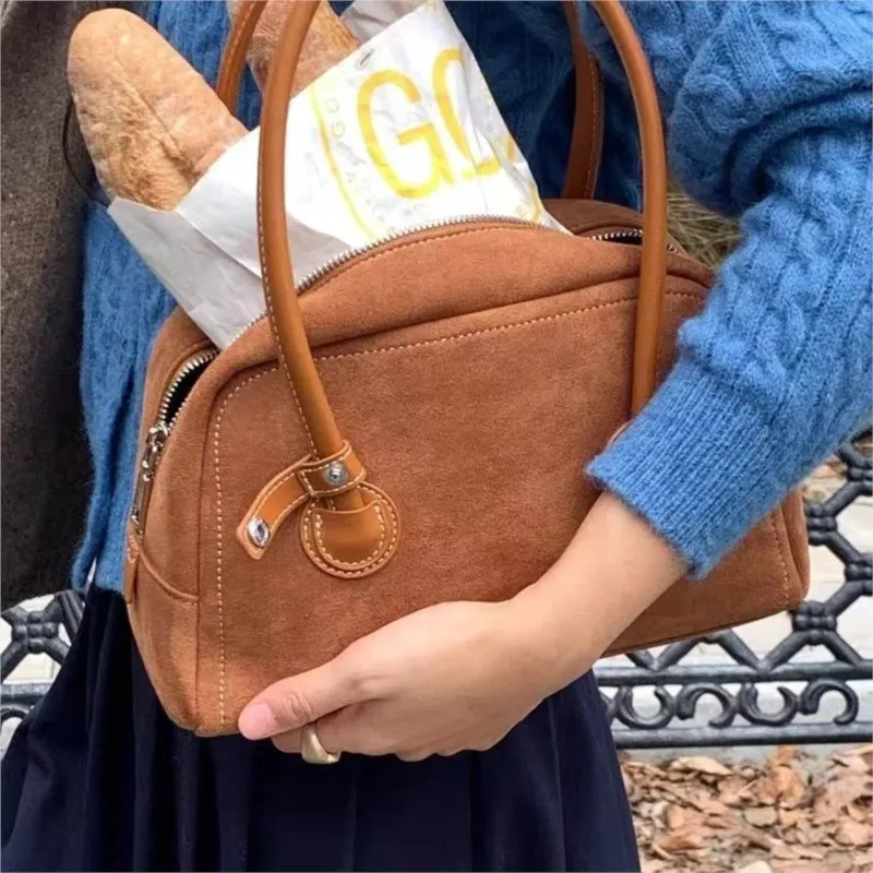 Retro Maroon Boston Handbag Women Korean Niche Design Large Capacity Shoulder Bags Ladies Casual Commute Minimalist Underarm Bag