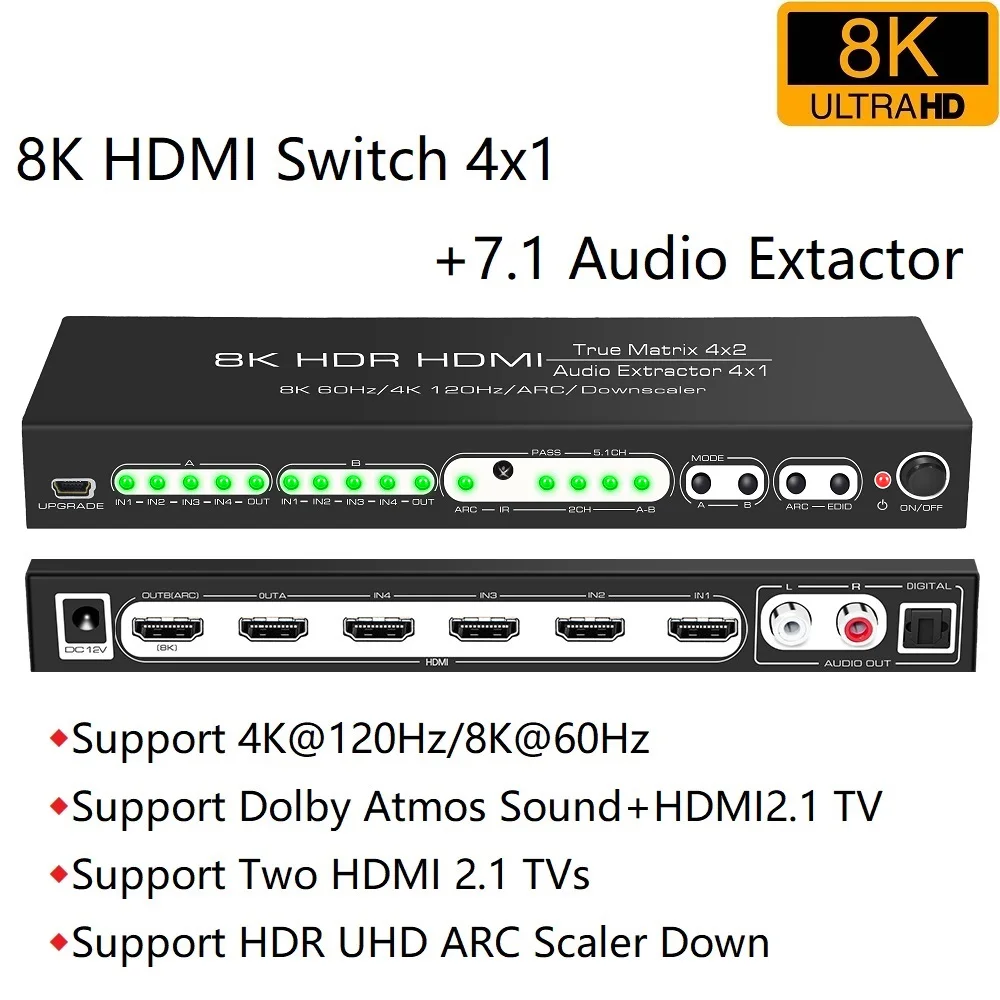 

HDMI2.1 Switcher 4 In 1 Out HDMI Audio Extractor Dolby Atmos 7.1 Sound HDMI Matrix Splitter for 4K120Hz 8K60HZ PS5 XBOX X 8K TV