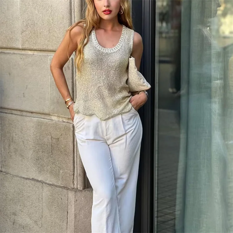 

Woman Chic Slim Elastic Knit Tank 2023 Summer Female Fashion Shiny Irregular Tanks Ladies Elegant Asymmetric Vest