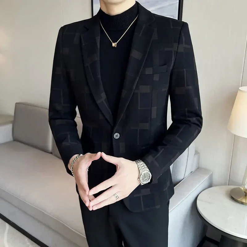 

2023 5XL Four Seasons Boutique Men's Fashion Slim Fit Checkered Versatile Korean British Style Business Gentleman Wedding Blazer