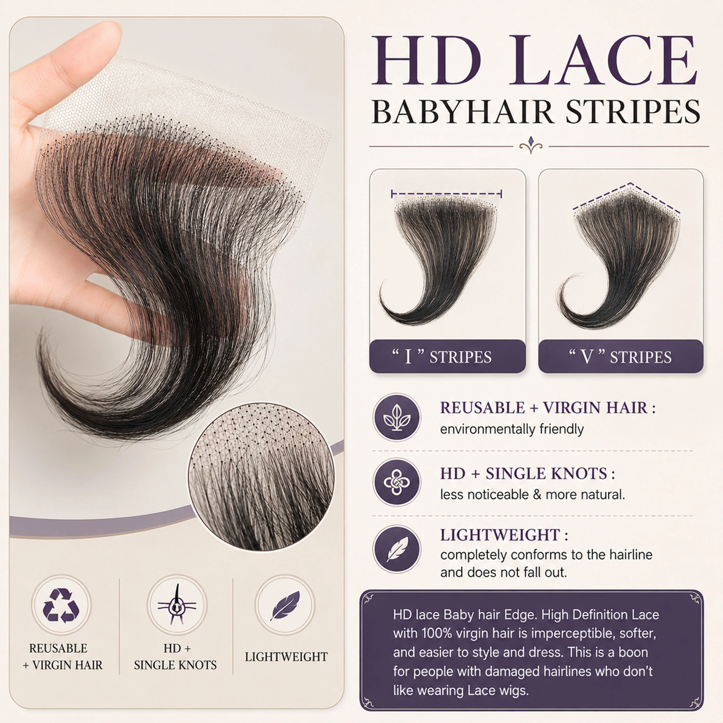 Capelli Umani Veri al 100% con Bordi a I/V, Pizzo HD e Baby Hair per Donne, Riutilizzabile, Invisibile, in Pizzo Svizzero, Nero Naturale, Fatto a Mano - immagine 4