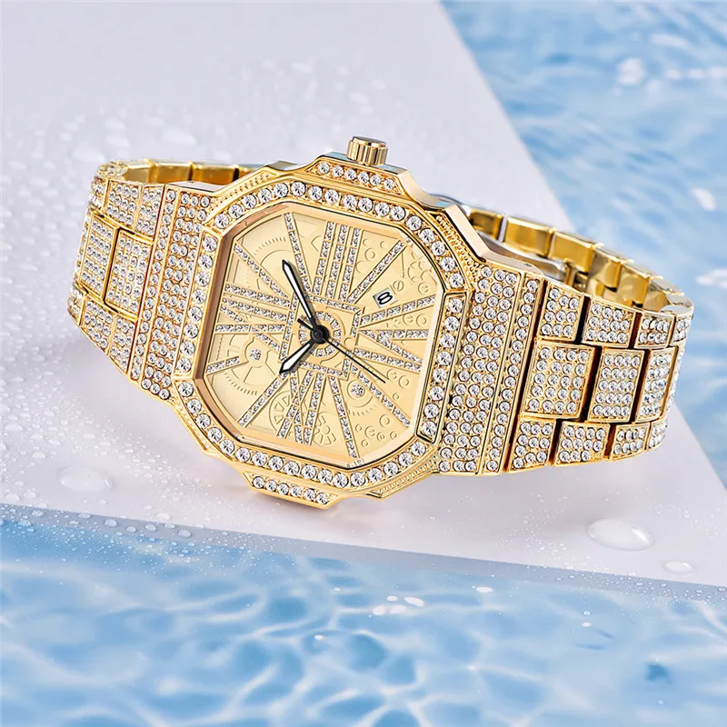 Men Big Brand Golden Watches Hip Hop Full Diamond Luxury Fashion Alloy Band Simple Date Quartz Watch Montres de Marque de Luxe