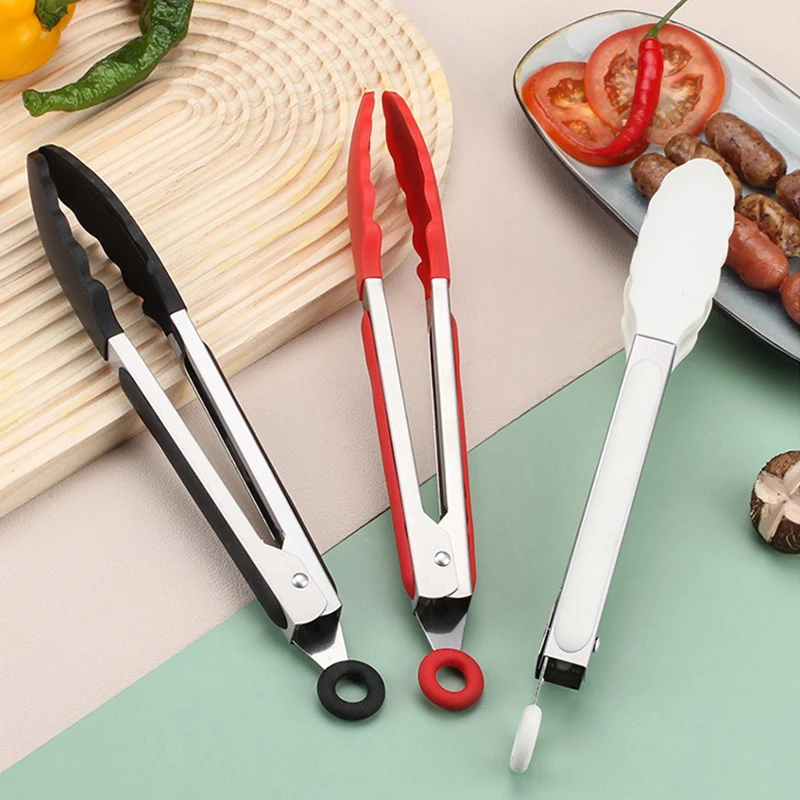 Stainless Steel Cooking Tongs Heat Resistant BBQ Tools Silicone Tips for Salad Grill Accessories Locking Food Tong