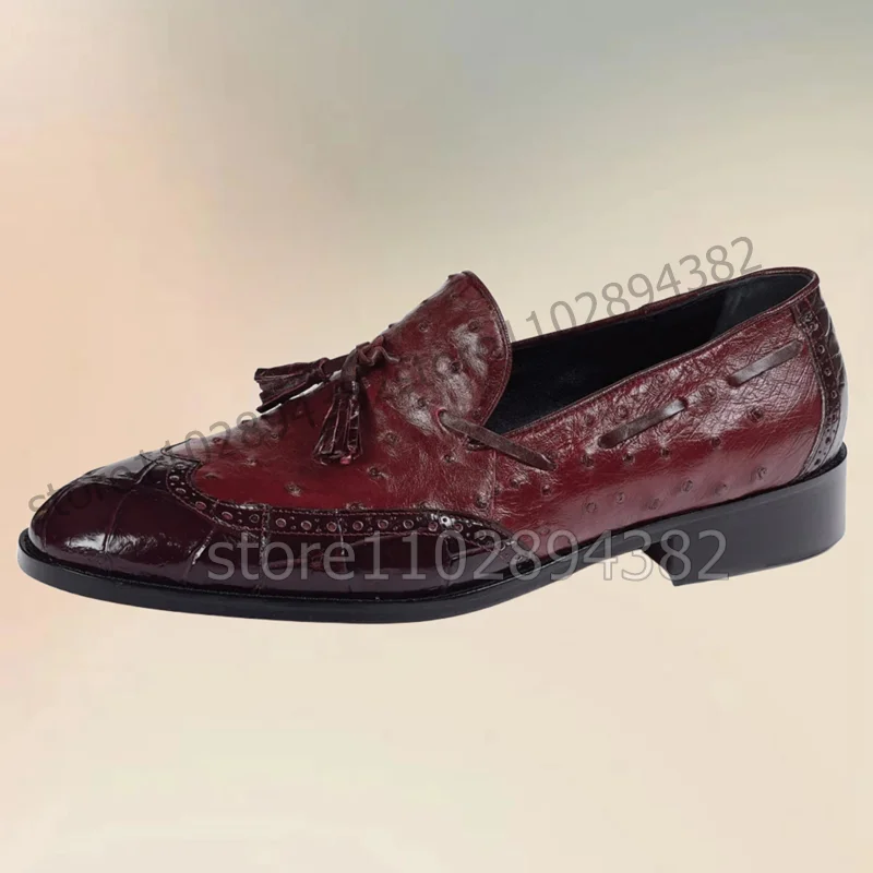 Burgandy Ostrich Alligator Print Tassels Men Loafers Fashion Slip On Men Shoes Luxurious Handmade Party Banquet Men Dress Shoes