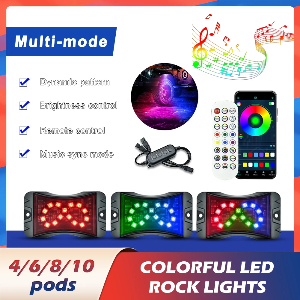 

Car LED Rock Lights 4/6/8/10 In 1 LED Pod Music Control Mode APP Remote Control Neon Underglow Lighting for Off-Road SUV ATV