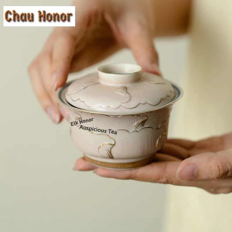110ml Gold Drawing Pile Carve Peony Gaiwan Boutique Tea Tureen Household Tea Bowl With Lid Kit Tea Making Cover Bowl Teaware