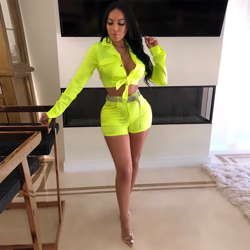 

Women Fashion Neon Color Slim Fit Two-piece Sets Lapel Button Long Sleeve Tops Short Pants Ladies Casual Night Club Streetwear