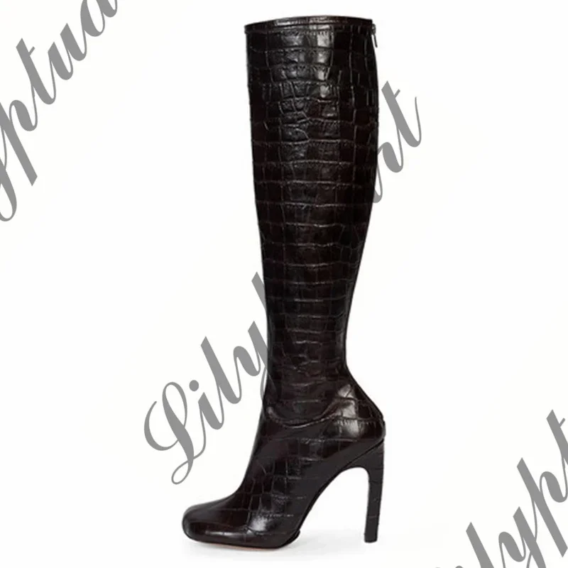 PU Leather Leopard Print Knee Boots for Women, Lace Up High Heels, Square Toe, Large Size 43, Autumn Fashion