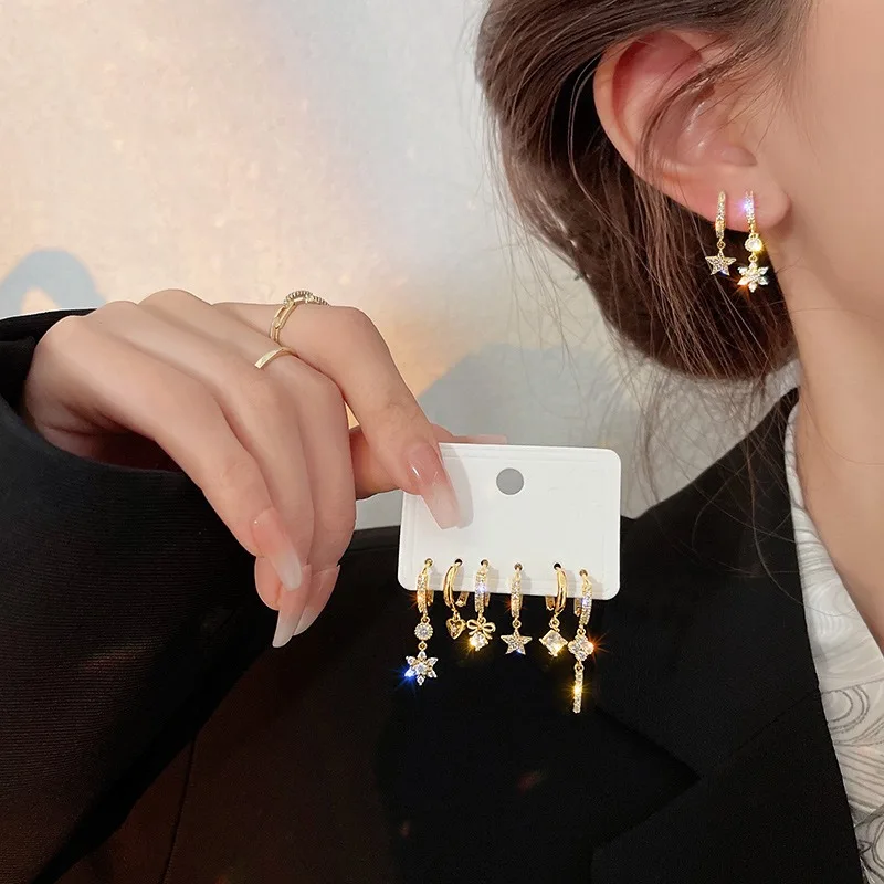 Gold Color Geometric Pendant Hoop Earrings for Women Crystal Star Heart Bow Drop Earring Cartilage Piercing Jewelry 6pcs/set hoop earrings,drop earrings,crystal earrings,pendant earrings,geometric earrings