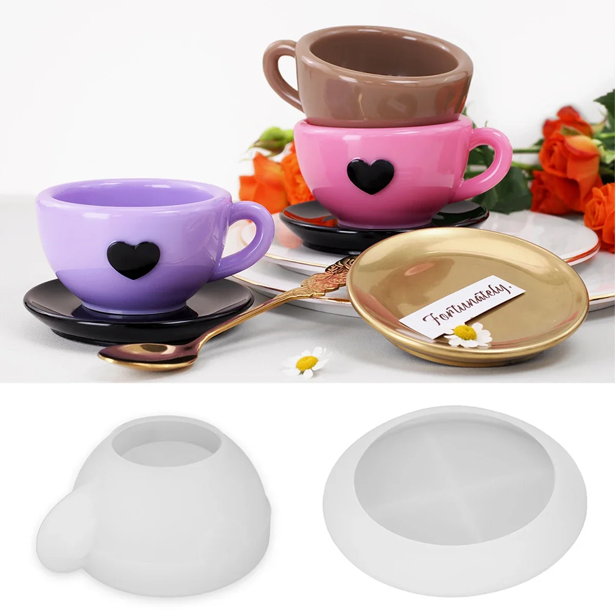 Heart Teacup Tray Silicone Mold with Handle for Resin & Plaster Crafts 4