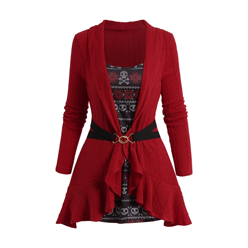 thumbnail image 1 of Suéteres navideños para mujer, tops de punto con doble botonadura y contraste, estampado geométrico de copos de nieve, cinturón incorporado, top de punto drapeado 2 en 1, 1 of 4