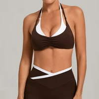 Brassière de sport pour femme, bicolore, style débardeur, dos ouvert, col halter, avec bonnets intégrés, pour le yoga, la course et le fitness 4