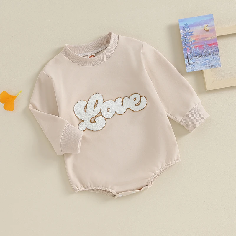 

Baby Long Sleeve Rompers Infant Autumn Fuzzy Letter Embroidery Round Neck Bodysuit Newborn Jumpsuits