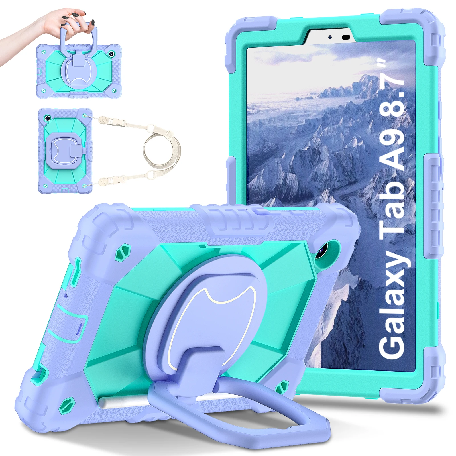 Rotating Heavy Duty Tablet Case with Anti-Slip Armor, Handle Grip, and Neck Strap